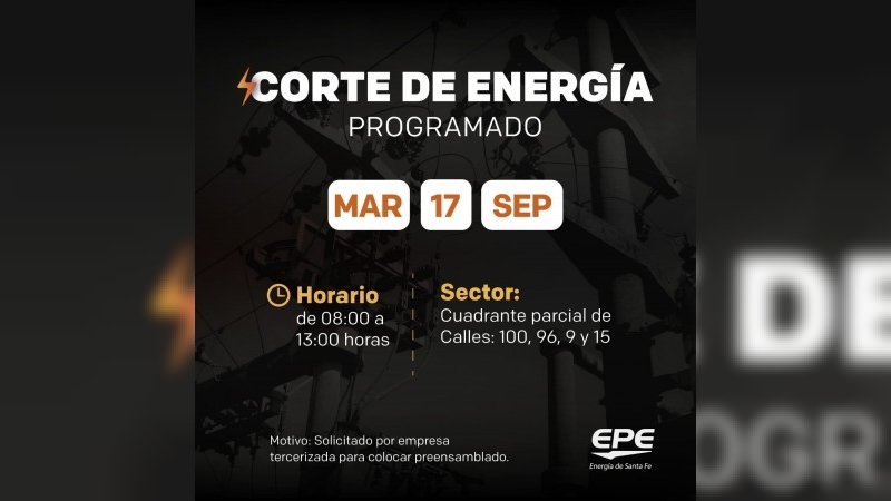 Corte de energía programado para este martes