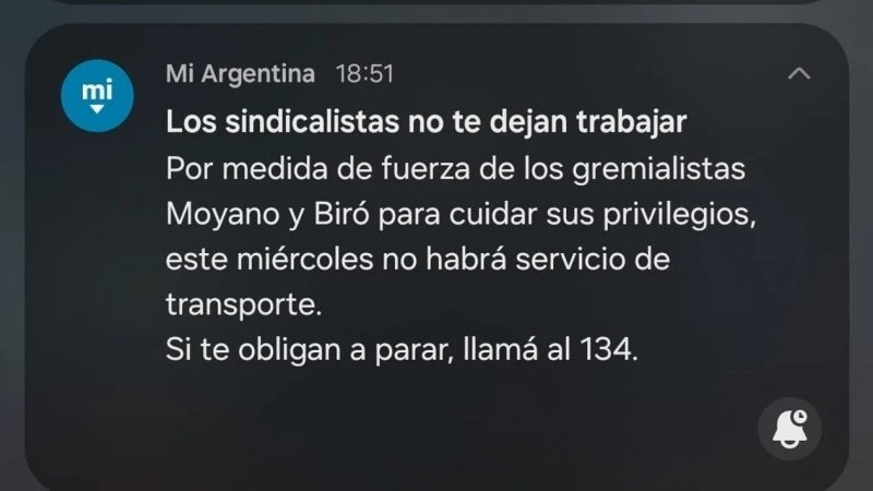 El Gobierno utilizó la app Mi Argentina contra el paro de transporte