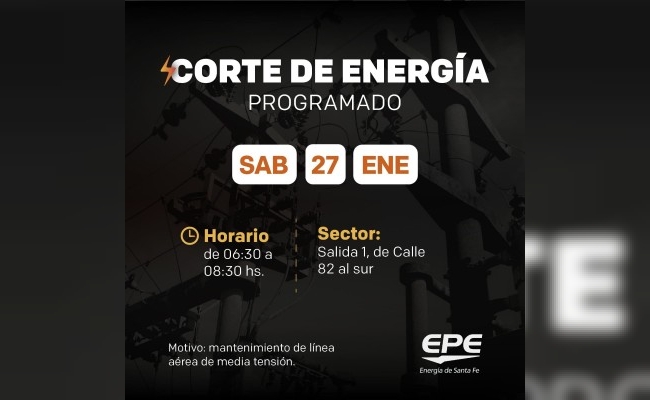 Corte de energía programado para mañana sábado 27 de enero