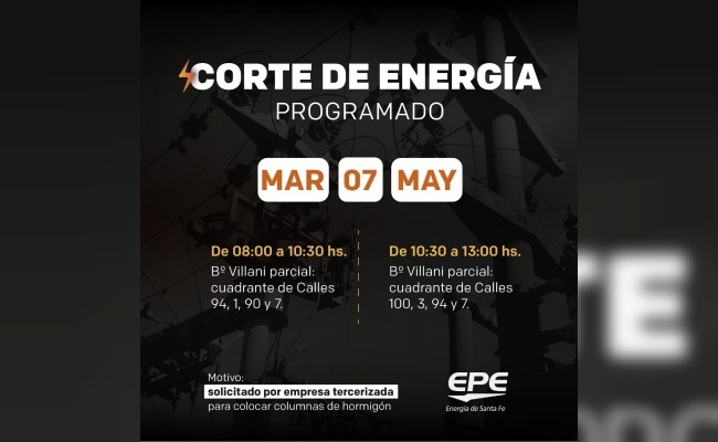 Corte de energía eléctrica programado para mañana martes, 7 de mayo.