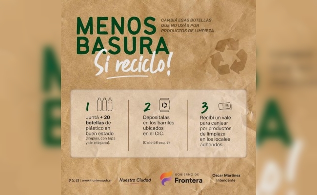 Frontera: la Municipalidad intercambia botellas de plástico por productos de limpieza