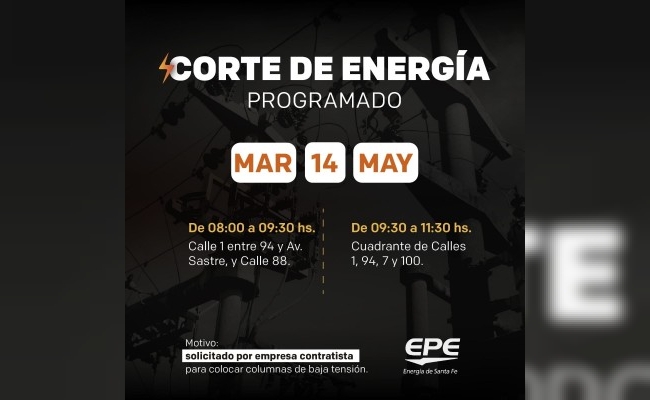 Corte de energía eléctrica programado para mañana martes, 14 de mayo.