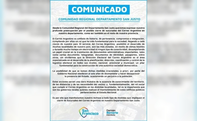 Comunidad Regional emitió comunicado ante eventual cierre de sucursales del Correo Argentino