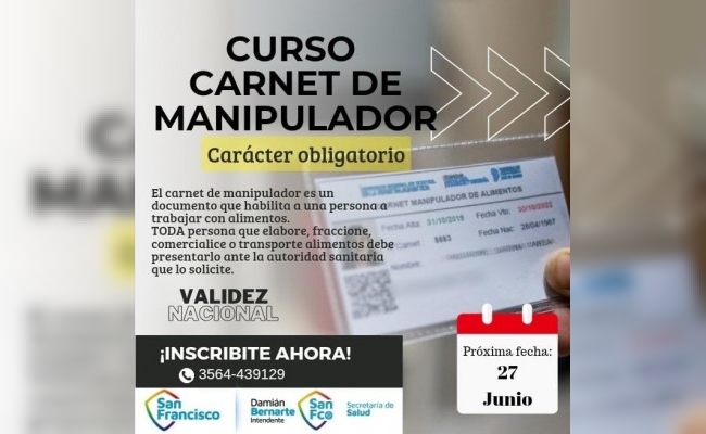 El municipio convoca a interesados en obtener el carnet de manipulador de alimentos