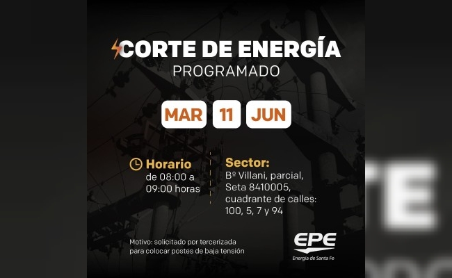 Corte de energía programado para mañana martes 11 de junio.