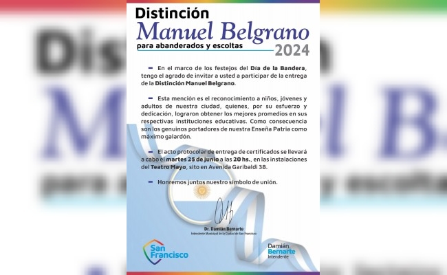 Escuelas de nuestra ciudad recibirán la Distinción "Manuel Belgrano"