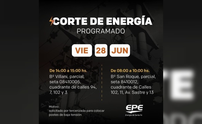 Corte de energía programado para mañana viernes 28 de junio