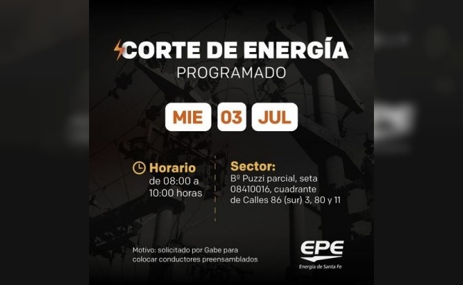 Corte de energía programado para mañana miércoles, 03 de julio