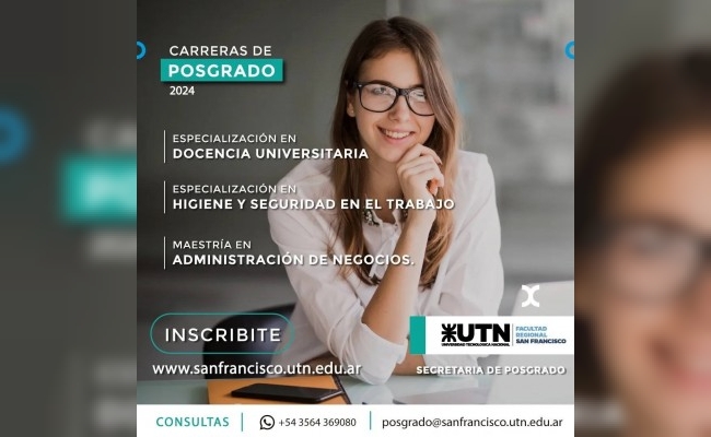 Siguen abiertas las inscripciones para tres carreras de posgrado de UTN San Francisco