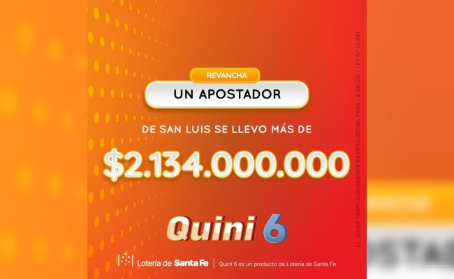 Ganó más de $2.000 millones en el Quini 6. Se trata de uno de los mayores premios otorgados por el juego en su historia