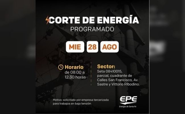 Corte de energía programado para mañana miércoles 28 de agosto.