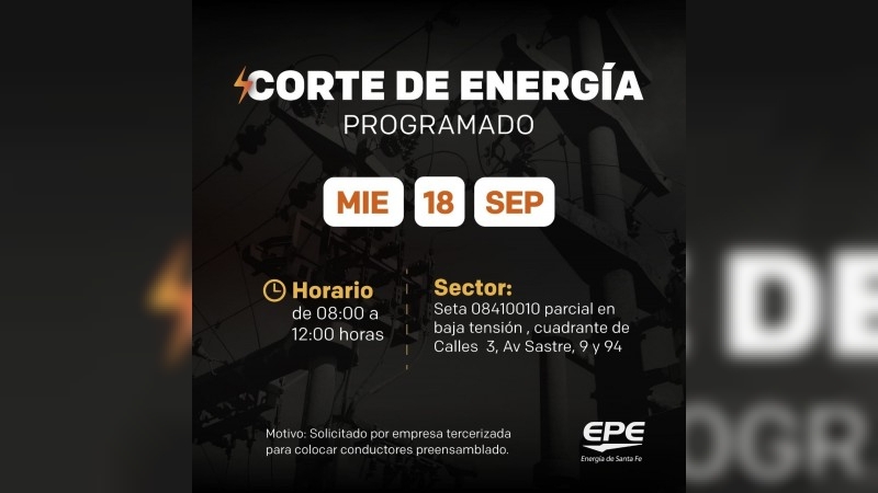 Corte de energía programado para este miércoles