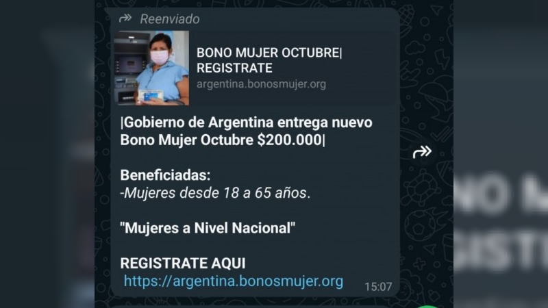 Es falsa la cadena de WhatsApp sobre un “Bono Mujer” que será otorgado por el Gobierno nacional : se trata de una estafa virtual