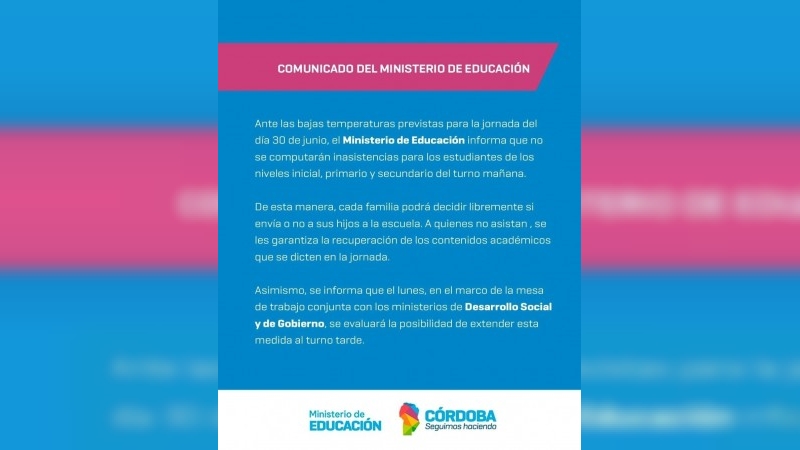 El Ministerio de Educación no computará inasistencias por frío extremo este 30 de junio