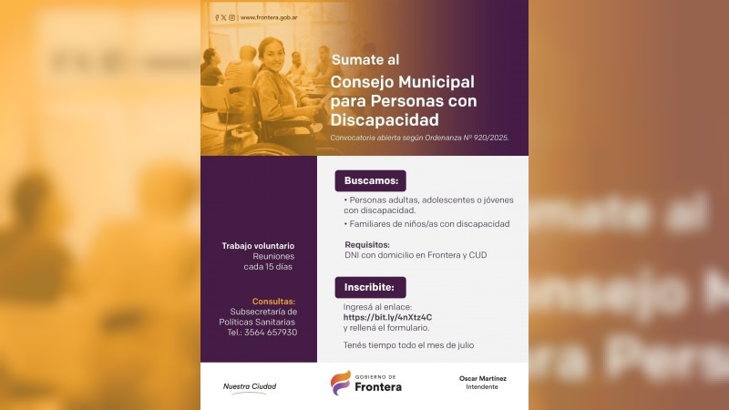 Frontera convoca a integrar el Consejo Municipal para Personas con Discapacidad
